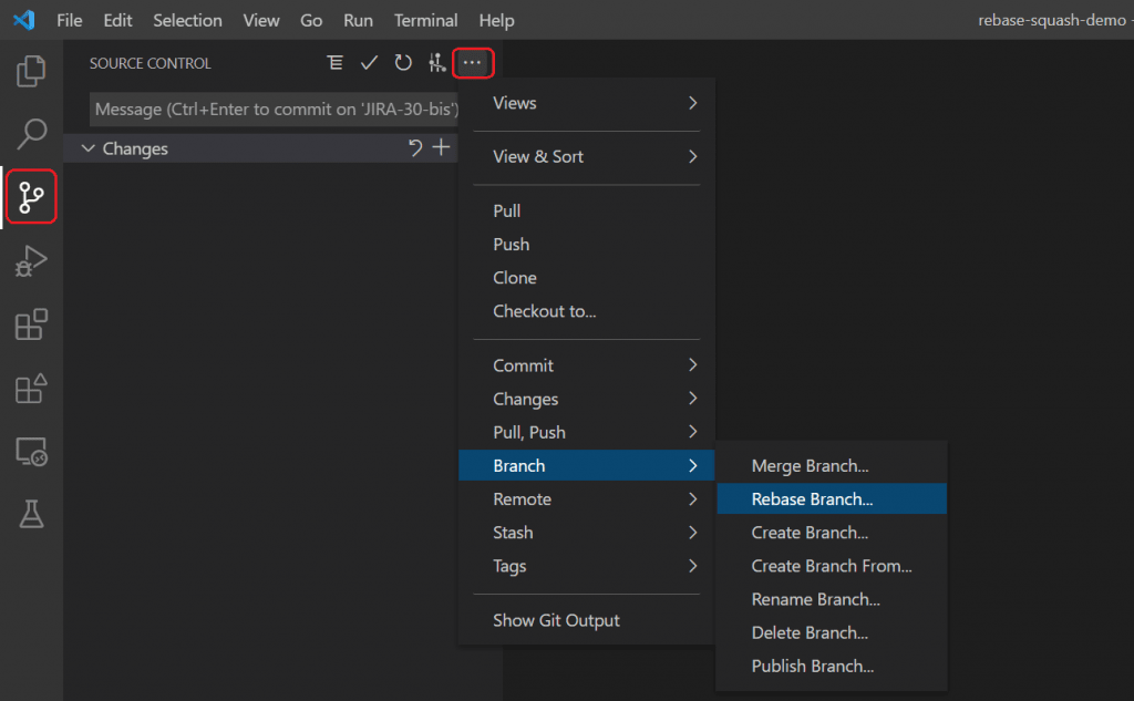 Lancer un rebase depuis VSCode